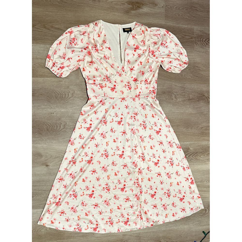 Alexia Admor "Nola" Puffy Sleeve Ivory Pink Floral Fit N' Flare Midi Dress Sz 12 - Picture 2 of 9